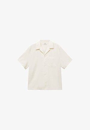 Cămașă cu mânecă scurtă, de culoare crem, cu nasturi, fabricată dintr-un material neted. Prezintă un guler ascuțit și un singur buzunar pe piept.