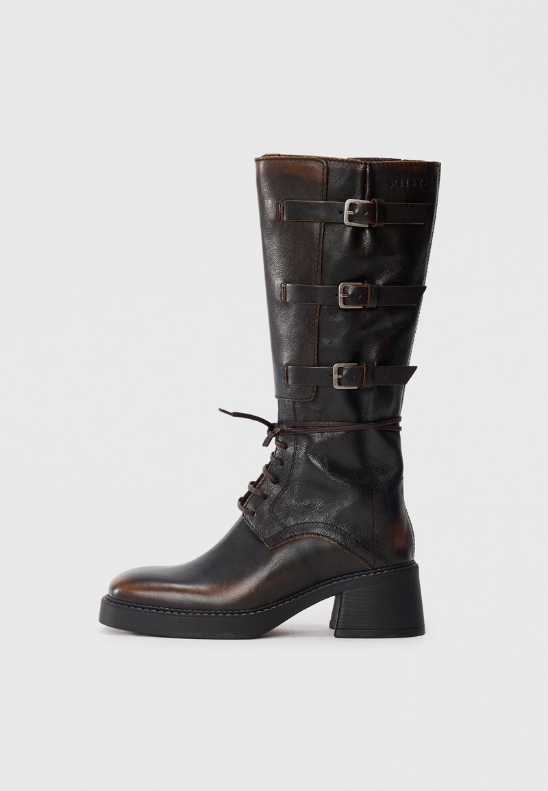 Brown leather knee-high boot with three adjustable straps, rounded toe, and block heel. Textured finish and lacing detail.