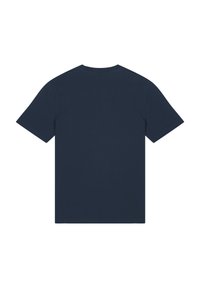 Marineblauwe katoenen t-shirt met korte mouwen, een ronde hals en een effen achterkant. Geen patronen of extra details.