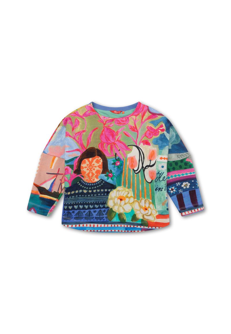 Langearm, gekleurd shirt met bloem- en abstracte ontwerpen, met een ronde halslijn en levendige patronen op zachte stof.