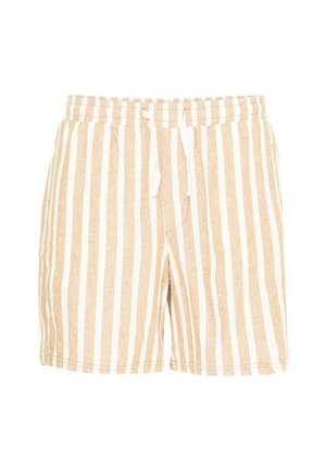 Beige en witte gestreepte shorts met een elastische tailleband, een koordsluiting en een zijzak, gemaakt van lichtgewicht stof.