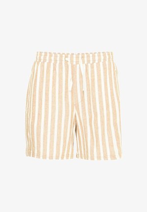 Beige és fehér csíkos sort, rugalmas derékkal, zsinóros zárással és oldalsó zsebbel, könnyű anyagból készült.