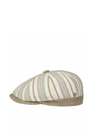 Flat cap with beige, brown, and light blue vertical stripes, featuring a small button on top and a beige band around the base.