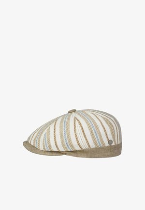 Flat cap with beige, brown, and light blue vertical stripes, featuring a small button on top and a beige band around the base.
