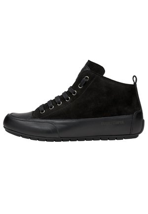Black mid-top sneaker with suede upper, leather toe cap, lace-up closure, and pull tab on heel, side sole branding visible.