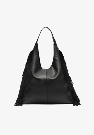 Sac à main en cuir noir à silhouette souple, avec des accents de franges longues et superposées sur les côtés et une large bandoulière.