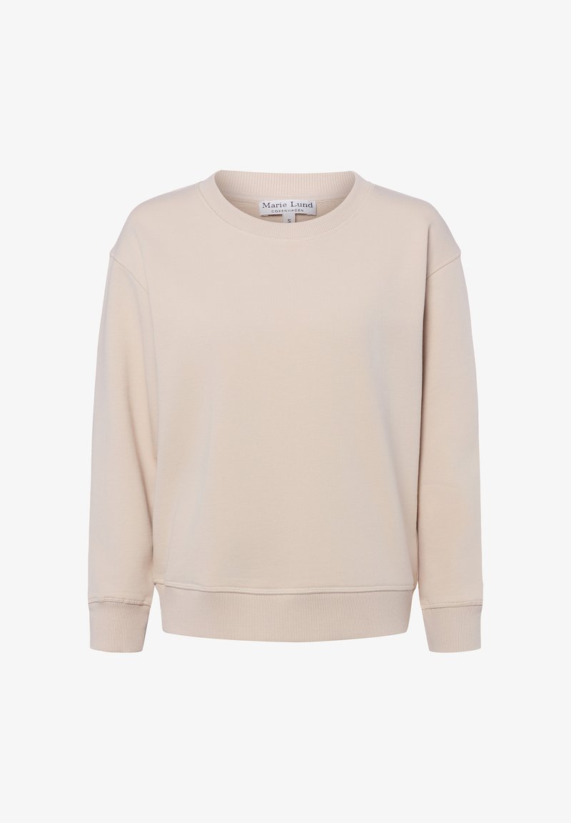 Felpa beige realizzata in morbido materiale con scollo rotondo, spalle scese e polsini e orlo a coste. L'etichetta reca la scritta "Marie Lund, Copenhagen."