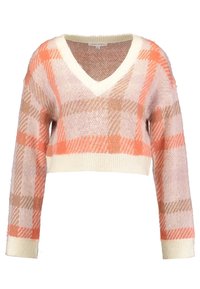 Maglione cropped con scollatura a V in morbido knit, con motivo a scacchi nei colori rosa, arancione e beige. Polsini e orlo a costine.
