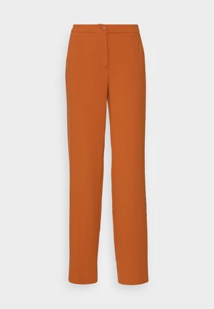 Pantalon droit couleur rouille avec fermeture à bouton et zipper, conçu pour un usage formel ou décontracté.