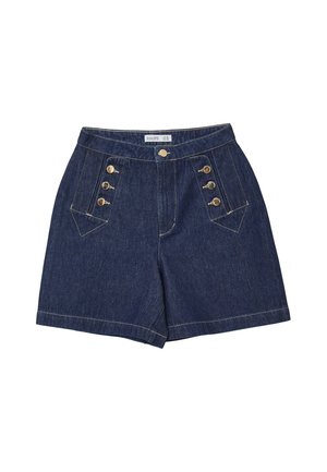 Dark blue denim shorts with six gold buttons arranged in two vertical rows on the front, featuring angled front pockets and a button closure waistband.