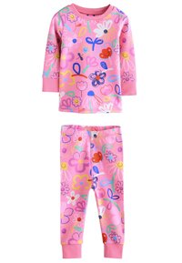 Roosa lillemustriga pidžaamasärk pikkade varrukatega ja püksid. Valmistatud pehmest kangast, kogu komplekti katavad värvikirevad lille- ja naeratusmustrid.