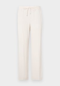 Pantalon beige clair à coupe droite avec taille élastique et cordon devant, présenté sur un fond uni.