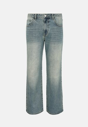 Midblaue Jeans mit geradem Bein, vorderem Knopf und Reißverschluss, Vorder- und Gesäßtaschen sowie dezenten ausgewaschenen Details.
