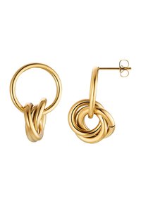Ohrringe in Goldfarbe mit Knotendesign; einer ist ein kreisförmiger Ring, der andere hat eine gedrehte Doppelschlaufe, beide mit glatten, polierten Oberflächen.