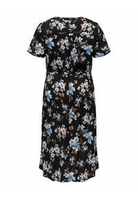 Black midi dress with short sleeves, light blue and brown floral print, and a cinched waist belt, shown from the back.