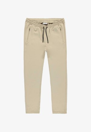 Beige joggerbroek gemaakt van zachte stof met een elastische tailleband, een trekkoord en twee zijzakken met zwarte accenten.