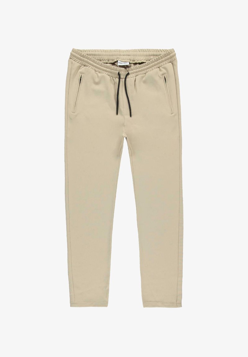Beige joggerbroek gemaakt van zachte stof met een elastische tailleband, een trekkoord en twee zijzakken met zwarte accenten.