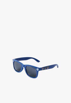 Blue children’s sunglasses with black lenses, white paw prints on front corners, and cartoon dog faces on the arms.