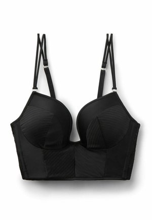 Schwarzer Longline-BH mit gepolsterten Cups, strukturierten diagonalen Streifen und doppelt verstellbaren Trägern auf weißem Hintergrund.