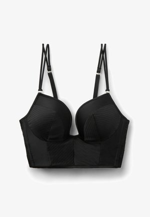 Schwarzer Longline-BH mit gepolsterten Cups, strukturierten diagonalen Streifen und doppelt verstellbaren Trägern auf weißem Hintergrund.