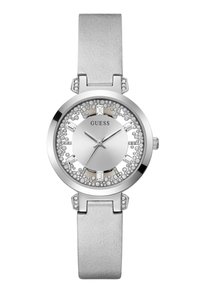 Sølvur med en glat metalhus, cirkulært urskive og funklende krystalaccenter. Grå rem lavet af blødt materiale med dekorativ hardware.