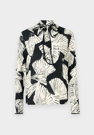 Μπλούζα με μακριά μανίκια σε μαύρο χρώμα με λευκό σχέδιο φύλλου, διαθέτοντας κορώνα με δέσιμο και λεία υφή υφάσματος.