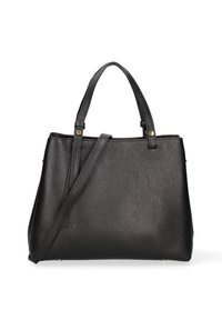 Borsa a mano nera in pelle con finitura texturizzata, doppio manico superiore e tracolla regolabile. Presenta accessori in tonalità oro e una forma strutturata.