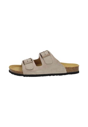Beige Wildledersandale mit zwei verstellbaren Riemen, Korkfußbett und Gummisohle. Verfügt über eine glatte Textur und ein flaches Design.