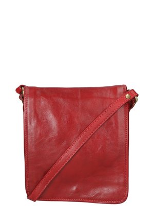 Rote Leder-Umhängetasche mit glatter Textur, rechteckiger Form, verstellbarem Tragegurt und einfacher Klappenverschluss. Messingbeschläge.