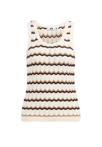 Virkat linne med rund halsringning och ett zigzagmönster i kräm, beige och svart, med ribbat mönster genom hela plagget.