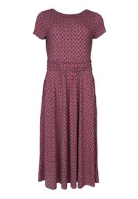 Bedrucktes Kleid mit kurzen Ärmeln, rundem Ausschnitt und Taillengürtel. Es hat ein lila und pinkes, wirbelndes Muster auf einem weichen Stoff. Fließende A-Linie.