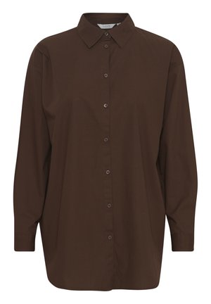 Chemise brune à boutons avec un col classique, manches longues et coupe décontractée. Fabriquée en coton doux avec une texture unie.