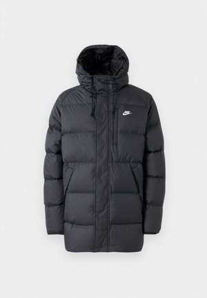 Black puffer jacket with a hood, featuring a zip front, elastic cuffs, side pockets, and a small logo on the chest. Textured, quilted design.