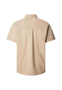 Beige overhemd met korte mouwen, een rugpand met plooi in het midden, een klassieke kraag en een eenvoudig ontwerp.