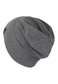 Gray beanie hat made of soft knit fabric. Features a slouchy design with a slightly tapered top and a small logo tag on the side.