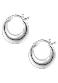 Srebrni obročasti uhani z gladkim, zaobljenim dizajnom in gladko površino ter varnim zapirnim mehanizmom. Minimalistična in moderna estetika.