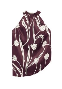 Ärmlös topp i mörk burgunder satäng med vita tulpanblomster mönster, med ett rynkat halsutskärning och en avslappnad silhuett.