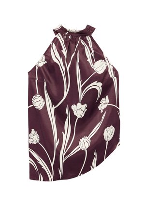 Sleeveless top in dark burgundy satin featuring white tulip floral patterns, with a gathered neckline and a relaxed silhouette.
