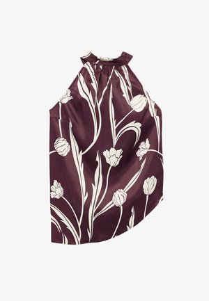 Top bez rękawów w ciemnym burgundowym satynie z białymi wzorami tulipanów, z zebranym dekoltem i luźnym krojem.