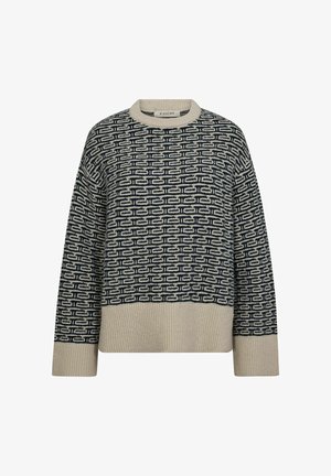 Krémszínű és tengerészkék kötött pulóver, gyakorlati mintázattal, bordázott mandzsettákkal és alsó szegéllyel. Kerek nyakkivágással és logó címkével a hátsó részen.