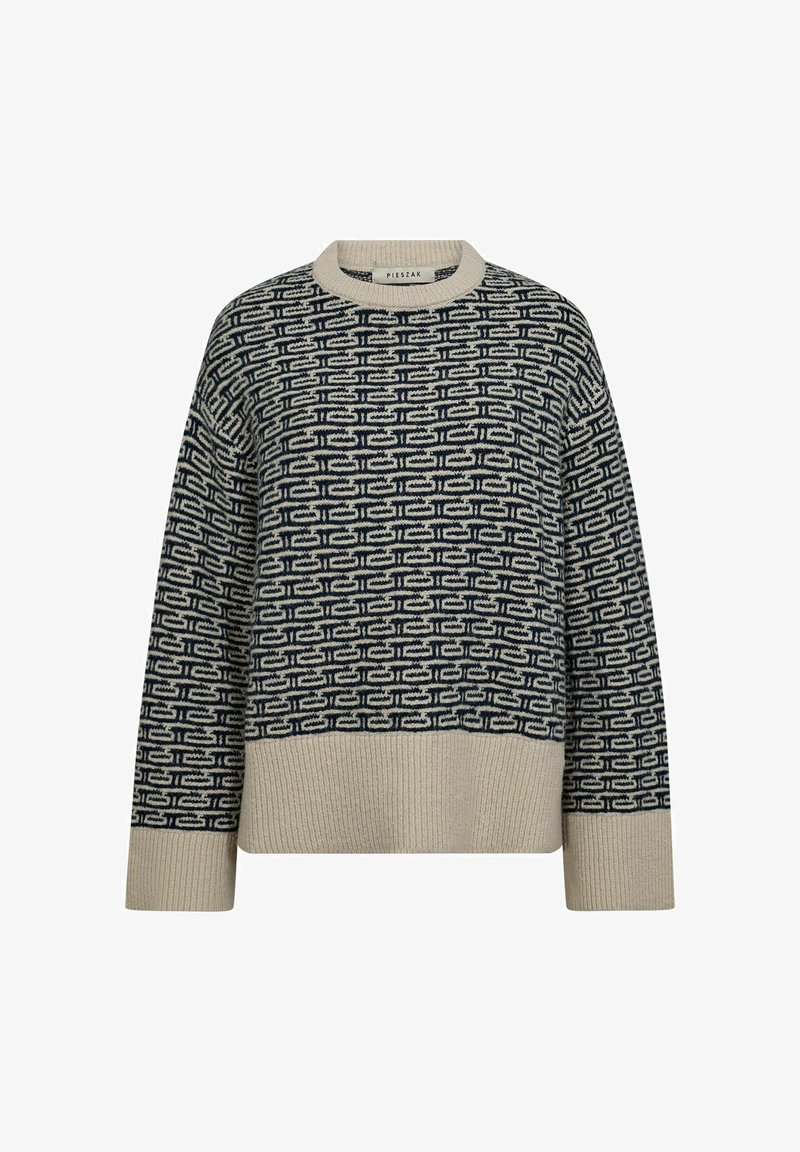 Sweter dzianinowy w kolorze kremowym i granatowym, z prostokątnym wzorem, ściągaczami przy mankietach i u dołu. Okrągły dekolt z metką logo z tyłu.