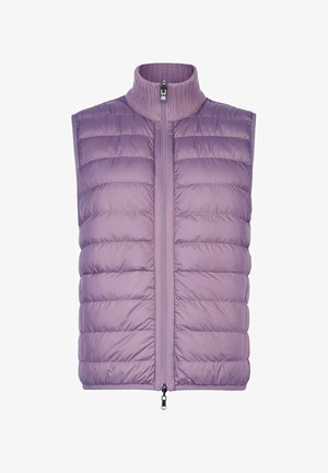 Lavendelfarbene, wattierte, ärmellose Weste mit horizontaler Steppung, Frontreißverschluss und geripptem Stehkragen.