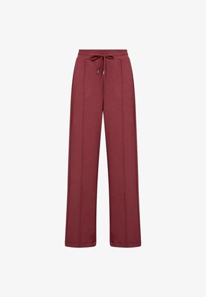 Bordo spalvos plačios kelnės su elastinga juosmens juosta ir reguliuojama raišteliu, turinčios dvi vertikalias šonines siūles papildomam akcentui.