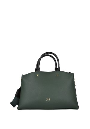 Bolso de mano texturizado de color verde oscuro con asas negras, herrajes dorados y un pequeño logo dorado "Xti" en el centro frontal.