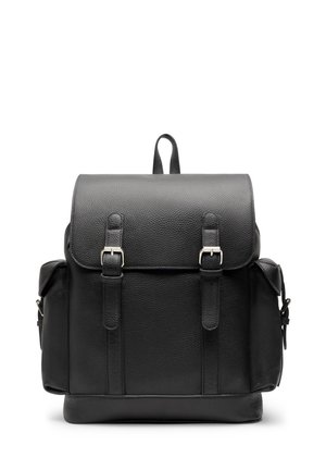 Black leather backpack with two front buckle straps and two side pockets with flap closures, shown against a white background.