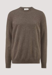 Brauner Strickpullover, runder Ausschnitt, lange Ärmel, gerippte Bündchen und Saum, weiche Textur, schlichtes Design ohne Muster oder Akzente.