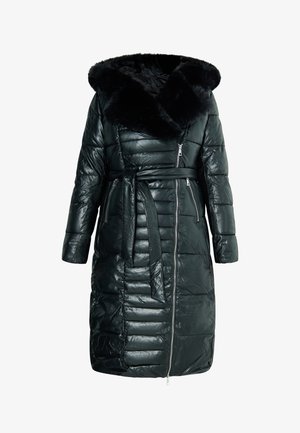 Groene pufferjas met een glanzende afwerking, voorzien van een afneembare zwarte nepbont capuchon, een ceintuur in de taille en ritszakken aan de zijkanten.