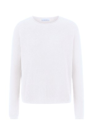 Pulover alb din tricot cu guler rotund, mâneci lungi și textură ribbed. Designul prezintă o croială confortabilă, fără modele sau grafică vizibile.