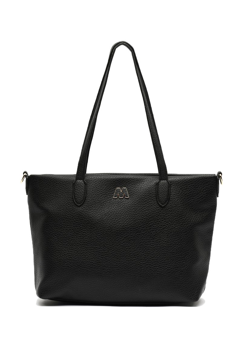 Črna usnjena torba z teksturirano površino, dvema trdnima ročkama in logotipom na sprednji strani. Pravokotna oblika in zadrga.