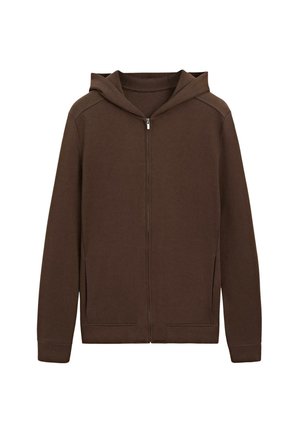Felpa marrone con cappuccio, zip frontale, maniche lunghe, tasche anteriori e cappuccio attaccato, mostrata su sfondo bianco.